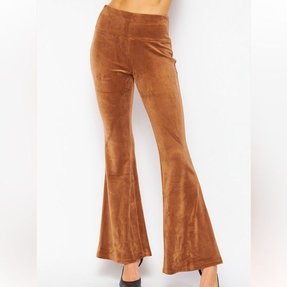Neutral Tan Camel Velvet Flare Casual Dressy High Waist Yoga Lounge Pants - Picture 9 of 9